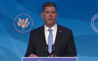 epa08927254 A frame grab from a handout video released by the Office of the President Elect shows Boston Mayor Marty Walsh, Biden's pick for Secretary of Labor, speaking during a press conference in Wilmington, Delaware, USA, 08 January 2021. US President-Elect Joseph R. Biden announced his economics and jobs team.  EPA/OFFICE OF THE PRESIDENT ELECT / HANDOUT  HANDOUT EDITORIAL USE ONLY/NO SALES