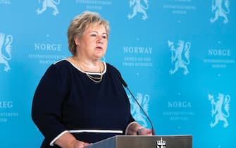 epa08643136 Norway's Prime Minister Erna Solberg during a press conference for children about the coronavirus in Oslo, Norway, 03 September 2020  EPA/BERIT ROALD  NORWAY OUT