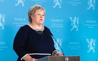 NORWAY AoDQypL9t90 epa08643136 Norway's Prime Minister Erna Solberg during a press conference for children about the coronavirus in Oslo, Norway, 03 September 2020 EPA/BERIT ROALD NORWAY OUT