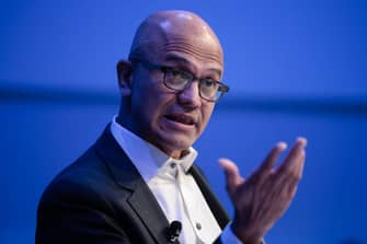 Satya Nadella, chief executive officer of Microsoft Corp., gestures as he speaks during a panel session on day two of the World Economic Forum (WEF) in Davos, Switzerland, on Wednesday, Jan. 22, 2020. World leaders, influential executives, bankers and policy makers attend the 50th annual meeting of the World Economic Forum in Davos from Jan. 21 - 24. Photographer: Jason Alden/Bloomberg via Getty Images