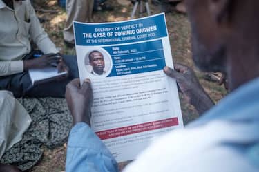 A general view of a flyer printed by the International Criminal Court (ICC) explaining the trial of Dominic Ongwen for the citizens of Lukodi, Uganda, February 4, 2021. - The International Criminal Court in The Hague, Netherlands, on February 4, 2021 convicted Dominic Ongwen, a Ugandan child soldier-turned-Lord's Resistance Army commander, of war crimes and crimes against humanity. (Photo by Sumy Sadurni / AFP) (Photo by SUMY SADURNI/AFP via Getty Images)