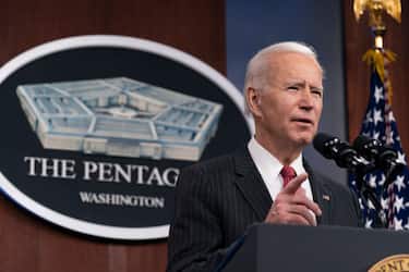 WASHINGTON, DC - FEBRUARY 10: President Joe Biden speaks at the Pentagon February 10, 2021 in Washington, DC. Biden and Harris made their first trip to the Pentagon to deliver remarks and meet the nation's first Black Secretary of Defense Lloyd Austin. (Photo by Alex Brandon - Pool/Getty Images)
