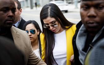 epa07363245 Emma Coronel Aispuro (C) is seen at the end of another day of jury deliberation in the trial of her husband Joaquin 'El Chapo' Guzman at United States Federal Court in Brooklyn, New York, USA, 11 February 2019. The jury is deliberating in the case against Guzman who is facing multiple charges of money laundering, directing murders and kidnappings while he allegedly ran a drug cartel.  EPA/JUSTIN LANE