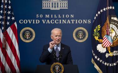President Joe Biden as he participates in an event commemorating the 50 million COVID-19 vaccine shot during a ceremony at the White House, Thursday, Feb. 25, 2021. (Photo by Doug Mills/The New York Times)