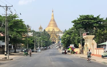 This screengrab provided via AFPTV taken on March 24, 2021 shows an empty street next to Shwedagon Pagoda in Yangon, as demonstrators called for a "silent strike" in protest against the military coup. (Photo by - / AFPTV / AFP) (Photo by -/AFPTV/AFP via Getty Images)