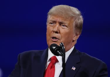 ORLANDO, FLORIDA - FEBRUARY 28: Former President Donald Trump addresses the Conservative Political Action Conference held in the Hyatt Regency on February 28, 2021 in Orlando, Florida. Begun in 1974, CPAC brings together conservative organizations, activists, and world leaders to discuss issues important to them.   Joe Raedle/Getty Images/AFP
== FOR NEWSPAPERS, INTERNET, TELCOS & TELEVISION USE ONLY ==