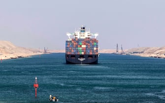 epa09092722 (FILE) - Liberian-flagged container ship RDO CONCORD sails through the Suez Canal in Ismailia, Egypt, 17 November 2019 (reissued 24 March 2021). A large container ship registered in Panama ran aground in the Suez Canal on 23 March, blocking passage to other ships and causing a traffic jam for cargo vessels.  EPA/MOHAMED HOSSAM