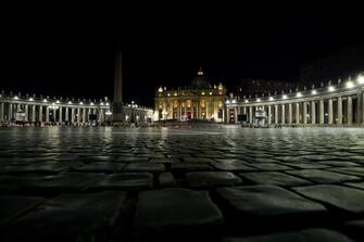 Pope Francis leads the Via Crucis (Way of the Cross) ceremony in a deserted Saint Peter's square, due to the Covid-19 pandemic, Vatican City, 02 April 2021.  ANSA/ANGELO CARCONI/POOL