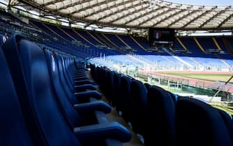 Misure di distanziamento in tribuna Montemario dello Stadio Olimpico durante la conferenza stampa di presentazione degli Internazionali BNL d'Italia 2020 di Tennis allo Stadio Olimpico, Roma, 08 settembre 2020. ANSA/ANGELO CARCONI
