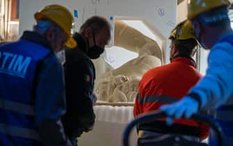 The digital twin of Michelangelo s David realized in a laboratory located in the historic center of Florence, Italy, 14 April 2021. The departure from Tuscany will happen today. In the coming days, the copy will fly to Dubai where it will represent Italy at Expo. The reproduction of David, a masterpiece kept by the Academy Gallery in Florence, was made thanks to a sophisticated digitalization and then to 3D printing in 14 pieces. It was a long process that began in December and ended just today. David s twin, of the same size as the original, weighs 400 kilos plus 150 kilos of base, and is made of acrylic resin covered with marble dust. Digital David will arrive in Dubai next week by plane and will be officially presented. ANSA/CLAUDIO GIOVANNINI