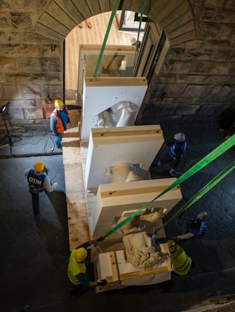 The digital twin of Michelangelo s David realized in a laboratory located in the historic center of Florence, Italy, 14 April 2021. The departure from Tuscany will happen today. In the coming days, the copy will fly to Dubai where it will represent Italy at Expo. The reproduction of David, a masterpiece kept by the Academy Gallery in Florence, was made thanks to a sophisticated digitalization and then to 3D printing in 14 pieces. It was a long process that began in December and ended just today. David s twin, of the same size as the original, weighs 400 kilos plus 150 kilos of base, and is made of acrylic resin covered with marble dust. Digital David will arrive in Dubai next week by plane and will be officially presented. ANSA/CLAUDIO GIOVANNINI