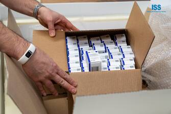 epa09031717 A handout photo made available by the press office of the Social Security Institute of San Marino (ISS) shows some of the 7,500 doses of the Russian Sputnik V vaccine against COVID-19 that arrived at the Social Security Institute, in San Marino, 23 February 2021.  EPA/ANDREA COSTA / HANDOUT  HANDOUT EDITORIAL USE ONLY/NO SALES