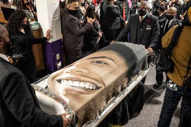 The casket of Dunate Wright was removed from the church after his funeral where his family walked behind it  at Shiloh Temple International Ministries April 22, 2021 in Minneapolis. Daunte Wright's funeral at Shiloh Temple International Ministries was held Thursday April 22, 2021.