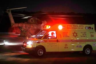 1232602439 Israeli military helicopter evacueting injured people from Ziv hospital in the Israeli northern city of Safed to the central Israel hospitals on April 30,2021. - A massive stampede at a densely packed Jewish pilgrimage site killed at least 44 people in northern Israel. The disaster occurred in Meron at the site of the reputed tomb of Rabbi Shimon Bar Yochai, a second-century Talmudic sage, where mainly ultra-Orthodox Jews flock to mark the Lag BaOmer holiday. (Photo by JALAA MAREY / AFP) (Photo by JALAA MAREY/AFP via Getty Images)