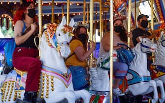 Anaheim, CA - April 30: The recently refurbished King Arthur Carousel in Fantasyland is sporting a newly painted canopy, 14k gold leaf accents, and repainted horses at Disneyland in Anaheim, CA, on Friday, April 30, 2021. The resort"u2019s parks have been closed for 412 days due to the COVID-19 outbreak. (Photo by Jeff Gritchen/MediaNews Group/Orange County Register via Getty Images)