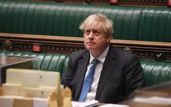 A handout photograph released by the UK Parliament shows British Prime Minister Boris Johnson during the Prime Minister's Questions (PMQs) in the House of Commons in London, Britain, 28 April 2021. ANSA/JESSICA TAYLOR/UK PARLIAMENT HANDOUT MANDATORY CREDIT: UK PARLIAMENT/JESSICA TAYLOR HANDOUT EDITORIAL USE ONLY/NO SALES