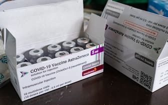 epa09098182 A pack of the AstraZeneca's COVID-19 vaccine vials sits on a table during a vaccination drive for military personnel in Denpasar, Bali, Indonesia, 26 March 2021.  EPA/MADE NAGI