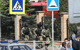 KAZAN, RUSSIA – MAY 11, 2021: Russian National Guard officers by school No 175 where two attackers opened fire; at least one teacher and eight students are reported dead. Yegor Aleyev/TASS/Sipa USA