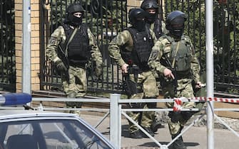 KAZAN, RUSSIA – MAY 11, 2021: Russian National Guard officers by school No 175 where two attackers opened fire; at least one teacher and eight students are reported dead. Yegor Aleyev/TASS/Sipa USA