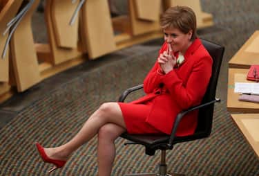 EDINBURGH, SCOTLAND - MAY 13: Scotland's First Minister Nicola Sturgeon reacts during the Oath and Affirmation ceremony at the Scottish Parliament on May 13, 2021 in Edinburgh, Scotland. (Photo by Russell Cheyne - WPA Pool/Getty Images)
