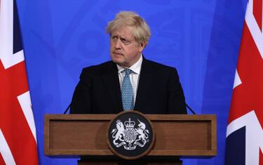 LONDON, ENGLAND - MAY 14: Britain's Prime Minister Boris Johnson listens to a question from the media during a press conference about the ongoing coronavirus outbreak at Downing Street on May 14, 2021 in London, England. (Photo by Matt Dunham-WPA Pool/Getty Images)