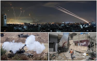 Tre immagini. In alto: il sistema israeliano anti-missile Iron Dome intercetta i razzi da Gaza. In basso da sinistra: operazioni esercito Israele e danni a Gaza