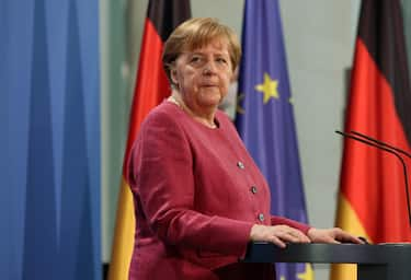 epa09218303 German Chancellor Angela Merkel (CDU) speaks after participating in the Global Health Summit in Berlin, Germany, 21 May 2021. The summit, held in Rome and online amidst the ongoing coronavirus (COVID-19) pandemic as part of Italy's G20 Presidency, is aiming to develop a 'Rome Declaration' with principles to guide multilateral cooperation and action to prevent future global health crises.  EPA/ADAM BERRY / POOL