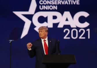ORLANDO, FLORIDA - FEBRUARY 28:  Former President Donald Trump addresses the Conservative Political Action Conference held in the Hyatt Regency on February 28, 2021 in Orlando, Florida. Begun in 1974, CPAC brings together conservative organizations, activists, and world leaders to discuss issues important to them. (Photo by Joe Raedle/Getty Images)