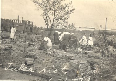 People searching through rubble after the Tulsa Race Massacre, Tulsa, Oklahoma, June 1921. (Photo by Oklahoma Historical Society/Getty Images)