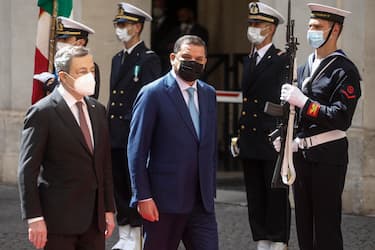Italian Prime Minister, Mario Draghi (L), during his meeting with Head of the Government of Libyan National Unity, Abdulhamid Dabaiba, at Chigi Palace, Rome, Italy, 31 May 2021. ANSA/FABIO FRUSTACI