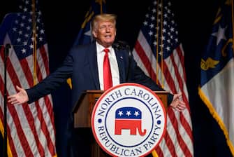 1233293236 GREENVILLE, NC - JUNE 05: Former U.S. President Donald Trump addresses the NCGOP state convention on June 5, 2021 in Greenville, North Carolina. The event is one of former U.S. President Donald Trumps first high-profile public appearances since leaving the White House in January. (Photo by Melissa Sue Gerrits/Getty Images)