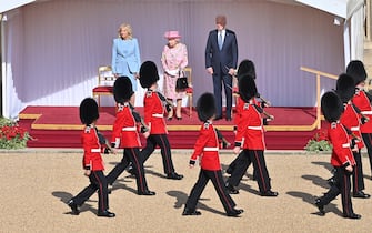 WINDSOR, ENGLAND - JUNE 13: Queen Elizabeth II (C), US President Joe Biden (R) and US First Lady Dr Jill Biden (L) at Windsor Castle on June 13, 2021 in Windsor, England.  Queen Elizabeth II hosts US President, Joe Biden and First Lady Dr Jill Biden at Windsor Castle. The President arrived from Cornwall where he attended the G7 Leader's Summit and will travel on to Brussels for a meeting of NATO Allies and later in the week he will meet President of Russia, Vladimir Putin. (Photo by Samir Hussein - Pool/WireImage)