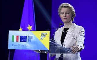 President of European Commission Ursula von der Leyen attends a press conference after a meeting with Italian Prime Minister Mario Draghi at Cinecitta' studios in Rome, Italy, 22 June 2021.  ANSA/ETTORE FERRARI
 