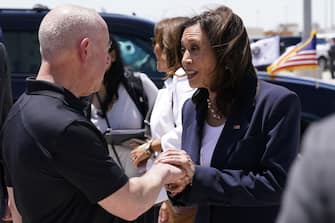 U.S. Vice President Kamala Harris speaks with Alejandro Mayorkas, secretary of the U.S. Department of Homeland Security, before boarding Air Force Two at the El Paso International Airport in El Paso, Texas, U.S., on Friday, June 25, 2021. The vice president's visit to the southern border comes after months of denunciations from Republicans, as well as frustration from some Democrats, for not having gone to the border after being chosen to address the root causes of migration from Central America to the U.S. Photographer: Yuri Gripas/Abaca/Bloomberg via Getty Images