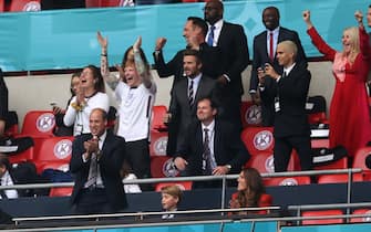 LONDON, ENGLAND - JUNE 29: Prince William, President of the Football Association and Prince George along with Catherine, Duchess of Cambridge celebrate during the UEFA Euro 2020 Championship Round of 16 match between England and Germany at Wembley Stadium on June 29, 2021 in London, England. (Photo by Carl Recine - Pool/Getty Images)
