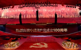 Fireworks explode during a Cultural Performance as part of the celebration of the 100th Anniversary of the Founding of the Communist Party of China, at the Bird's nest national stadium in Beijing on June 28, 2021. - The 100th anniversary is scheduled for July 1. (Photo by NOEL CELIS / AFP) (Photo by NOEL CELIS/AFP via Getty Images)