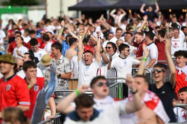 MANCHESTER, ENGLAND - JUNE 29: Supporters celebrate the first England goal at the 4TheFans Fan Park at Event City on June 29, 2021 in Manchester, United Kingdom on June 29, 2021 in Manchester, United Kingdom. (Photo by Anthony Devlin/Getty Images)