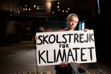 Picture Shows: Greta Thunberg with Sign close up in Stockholm