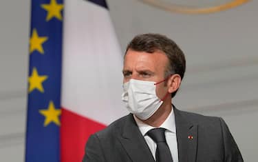 epa09339859 France's President Emmanuel Macron meets French carmakers at the Elysee Palace in Paris, France, 12 July 2021. Macron is hosting a top-level virus security meeting on 12 July morning and then giving a televised speech in the evening, the kind of solemn speech he's given at each turning point in France's virus epidemic.  EPA/MICHEL EULER / POOL MAXPPP OUT
