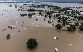 ROERMOND, NETHERLANDS - JULY 16: Aerial view of the flooded camping site Jachthaven Hatenboer on July 16, 2021 in Roermond, Netherlands. The flooding has been caused by unusually heavy rain in the hilly parts of Germany and the Ardennes region in Belgium. In Germany the death toll has now passed 100 with dozens more missing. Rescue and evacuation operations are now underway in tricky conditions across the affected regions.