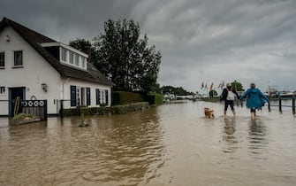 ROERMOND, NETHERLANDS - JULY 16: People walk through flooded streets with their dog to the camping site Jachthaven Hatenboer on July 16, 2021 in Roermond, Netherlands. The flooding has been caused by unusually heavy rain in the hilly parts of Germany and the Ardennes region in Belgium. In Germany the death toll has now passed 100 with dozens more missing. Rescue and evacuation operations are now underway in tricky conditions across the affected regions.