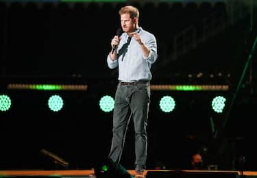 Inglewood, CA - May 02: Prince Harry speaks during the Vax Live concert at SoFi Stadium on Monday, May 2, 2021 in Inglewood, CA.The charity concert is aimed at boosting confidence in COVID-19 vaccines and raising funds for vaccination efforts worldwide. (Jason Armond / Los Angeles Times via Getty Images)