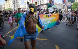 Un giovane mascherato al Gay pride di Budapest