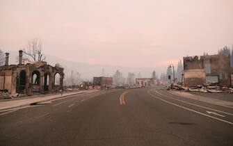 GREENVILLE, CA - AUGUST 08: The ruins of buildings situated along Highway 89 are seen on August 8, 2021 in Greenville, California. The Dixie Fire, which has incinerated more than 463,000 acres, is the second largest recorded wildfire in state history and remains only 21 percent contained. (Photo by David Odisho/Getty Images)