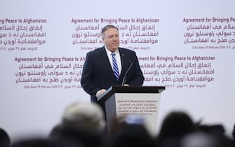 QATAR, DOHA - FEBRUARY 29:  U.S. Secretary of State Mike Pompeo makes a speech during signing ceremony of peace agreement between US, Taliban, in Doha, Qatar on February 29, 2020. US to reduce number of troops in Afghanistan to 8,600, to implement other commitments in US-Taliban agreement within 135 days. (Photo by Fatih Aktas/Anadolu Agency via Getty Images)