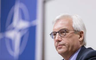 epa06085010 Alexander Grushko, the Russian Ambassador to the North Atlantic Treaty Organization (NATO), speaks at a news conference following a meeting of the NATO-Russia Council in Brussels, Belgium, 13 July 2017. Media reports state that the Council reportedly discussed topics regarding the situations in Ukraine and Afghanistan as well a recent 'incidents' involving Russian and NATO countries' planes in international airspace.  EPA/THIERRY MONASSE