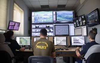 The control room of the new camera systems in Nea Vyssa. Greece strengthens its surveillance capabilities to fight the increased refugee and migrants flows from Turkey. The border protection at Greek Turkish borders in Evros region is reinforced, supported by the EU, with more Frontex personnel and vehicles, more Greek border police officers, drones, building a new fence and wall, watchtowers with thermal remote cameras and radar on the tower, new combat vehicles and control rooms. On 20 August 2021 Greek ministers visited Evros to inspect the process of the steel fence works and the border surveillance systems against the new expected migrant crossing as EU is expecting a new asylum seeker wave from people from Afghanistan.  Evros Region, Greece on June 18, 2021 (Photo by Nicolas Economou/NurPhoto via Getty Images)