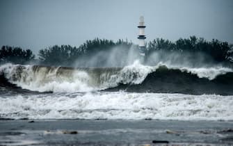 View of strong waves reaching the Island of Sacrifices due to Hurricane Grace, which has reached category 2, as seen from Boca del Rio, Veracruz, Mexico, on August 20, 2021. - Grace regained hurricane strength Friday as it barreled towards Mexico for a second time, triggering warnings of flooding and mudslides in mountains on the eastern mainland. (Photo by VICTORIA RAZO / AFP) (Photo by VICTORIA RAZO/AFP via Getty Images)