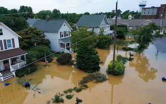 HELMETTA, NJ - AUGUST 22: An aerial view of flooded streets are seen in Helmetta of New Jersey, United States on August 22, 2021 as Tropical Storm Henri hit east coast. (Photo by Tayfun Coskun/Anadolu Agency via Getty Images)