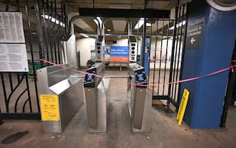 Pink tape is set across subway turnstiles as service is interrupted due to flash flood damage cause by the remnants of Hurricane Ida the night before, in the Queens borough of New York City, September 2, 2021. The storm brought more than three inches of rain per hour, causing much damage throughout the Northeast. (Photo by Anthony Behar/Sipa USA)